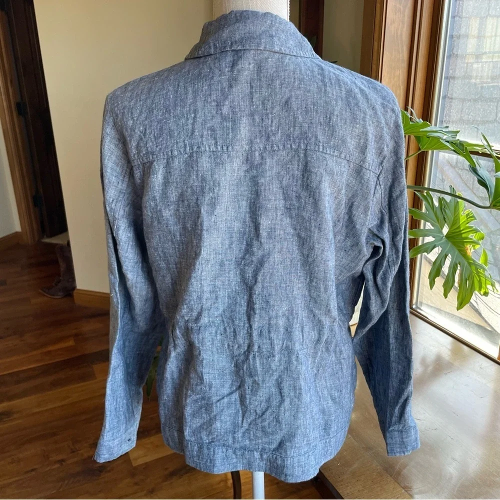 J. Jill Love Linen Casual Blue Tie Waist 100% Linen Utility Chore Jacket - Picture 6 of 15